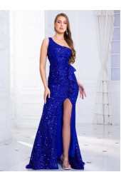 Royal Blue High Split Ruffle Sleeveless Maxi Dress Backless Lace Up Evening Night Prom Gown Red