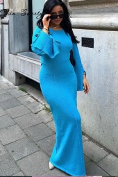 Knit Flare Sleeve Maxi Elegant Patchwork Split Oneck Long Dress Solid Hip Package Slim Robe