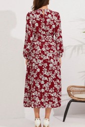 Autumn Mid Length Pleated Long Sleeve Fragmented Flower Retro Ice Silk Wrinkle Lacing Bow Dress
