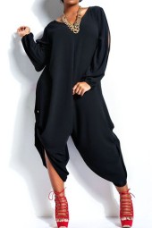 Effortless Style: Black Slit Sleeve Casual Loose Jumpsuit