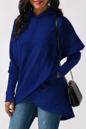 Royal Blue Long Sleeve Hoodie with Asymmetric Hem and Pocket Detail