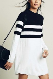 Black White Stripe  Long Sleeve Shift Sweater Dress