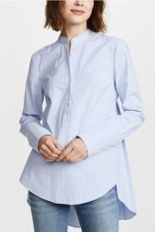 Light Blue Striped Button Up Pleated Long Sleeve Asymmetric High Low Casual Shirt