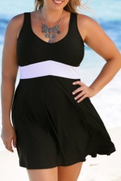 Elegant Plus Size Scoop Back Black Swimdress and Panty Set