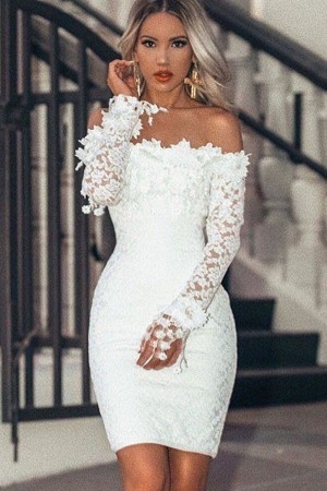 White Off Shoulder Long Sleeve  Lace Bodycon Dress