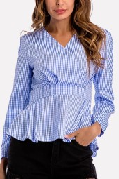 Timeless Elegance: Blue Gingham V-Neck Peplum Blouse