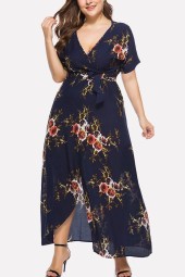 Dark-blue Floral V Neck Wrap Slit Short Sleeve Casual Plus Size Dress