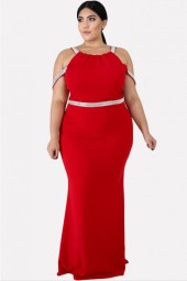 Red Contrast Strappy Sleeveless  Plus Size Maxi Bodycon Dress