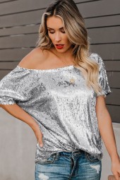 Glamorous Silver Sparkle: One Shoulder Sequin T-Shirt