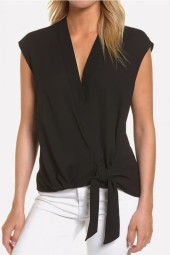 Effortless Elegance: Black Wrap Knotted Surplice Sleeveless Casual Blouse