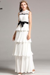 Elegant Lace Patchwork Tiered Ruffles Sash Belt Prom Long Party Runway Dress