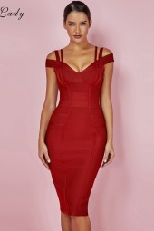 Wine Red Bandage Arrivals Neck Bodycon Party Dress Knee Length