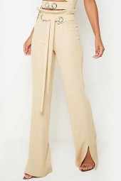 Timeless Elegance: Beige Corduroy High Waist Slit Wide Leg Casual Pants