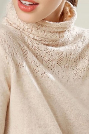 Cozy Winter Cashmere Wool Turtleneck Sweater with Long Hollow Sleeve Pullover Knit