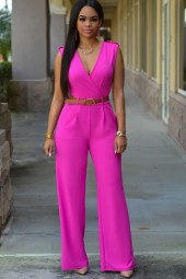 Feminine Flair: Hot Pink V-Neck Wrap Belt Straight Casual Jumpsuit