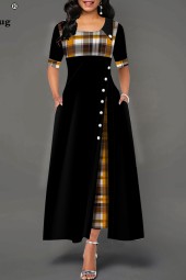 Plus Size Elegant Long Patchwork Plaid Party Irregular Vintage Button A-Line Dress