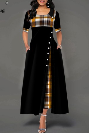 Plus Size Elegant Long Patchwork Plaid Party Irregular Vintage Button A-Line Dress