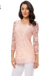 Women's Plus Size Vintage Floral Lace Blouse with Three Quarter Sleeves and Round Neck - Pink