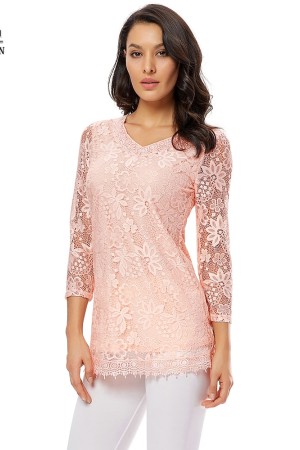 Women's Plus Size Vintage Floral Lace Blouse with Three Quarter Sleeves and Round Neck - Pink