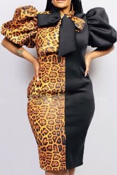 Vintage Puff Sleeve Retro Leopard Color Block Bowtie Collar African Autumn Large Plus Size Midi Dress