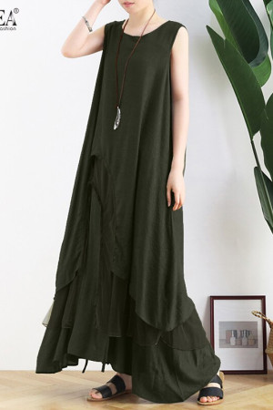 Vintage Asymmetrical Sundress Tank Dress Army