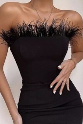 Glamorous Feather-Accented Black Midi Bandage Dress - Perfect for Any Special Occasion