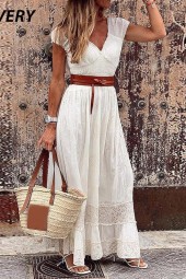 White Maxi Elegant Neck Lace Long Short Sleeve Beach Dress Boho With Belt