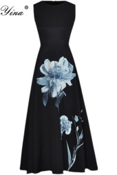 Luxurious Summer Style: Designer Runway Floral Black Elegant Midi Dress with Oneck Sleeveless High Waist