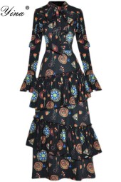 Vintage Elegance: Designer Autumn Bow Collar Flare Sleeve Cascading Ruffle Floral Dress