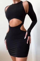 Stylish Black Cotton Bodycon Mini Dress with Hollow Out Detail