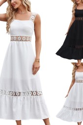 Luxurious White Lace Sleeveless Suspender Dress with Square Collar and High Waisted Temperament Skirt