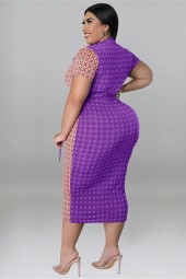 Plus Size Elegance: Lace Up Patchwork Plaid Maxi Dress