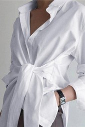 Spring Solid Bandage Blouses: Casual, Loose, Lapel, Long Sleeve Tops