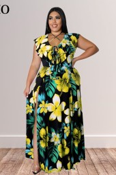 Floral Layered Sleeveless Maxi Dress with Elegant Ruffles - Plus Size