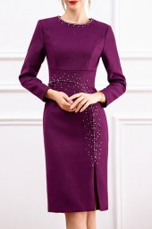 Regal Purple Winter Luxury: Runway Woollen Midi Dress with Beading and Crystal Embellishments