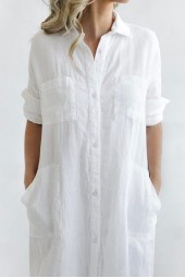 Spring Turndown Collar Maxi Dress: Single Breasted Cotton Linen Autumn