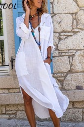 Cotton Linen Loose Shirt Summer Streetwear Split Button Long Dress