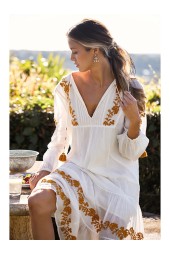 Boho Floral Embroidered Midi Dress - Vintage Beach Casual Style