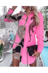 Summer Casual Pink Cheetah Chain Colorblock Longline Shirt Women's Top