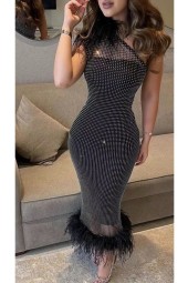 Summer One Shoulder Feather Crystal Diamonds Black Midi Club Dress