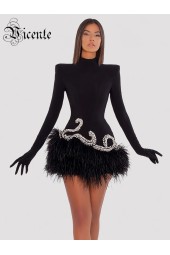 VC Chic Elegant Long Sleeve with Gloves Crystal Design Velvet Dress