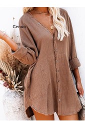 Button Pocket Loose Long Sleeve Blouse for Summers