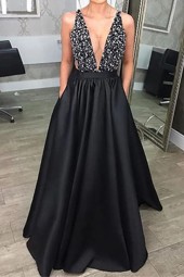 Elegant Vneck Beads Long Maxi Prom Gowns Sleeveless Backless Formal Sequin Dress Vintage
