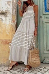 Summer Casual Loose Long Beach Vintage Striped Patchwork Maxi Elegant Sleeveless Straps Dress