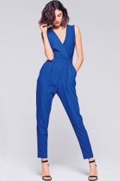 Women's Blue Surplice V-Neck Back Bow Slit Jumpsuit - Elegant and Stylish