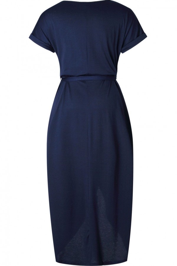 Dark Blue Round Neck Tied Waist High Low Casual Elegance Maxi Dress