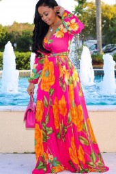 Hot-pink V Neck Long Sleeve Floral  Wrap Tied Casual Maxi Dress
