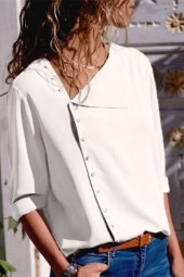 White Asymmetrical Neck Button Long Sleeve Chic Blouse