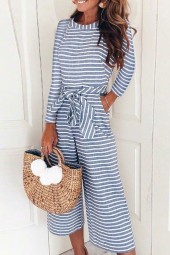 Women's Blue Stripe Long Sleeve Tied Casual Jumpsuit