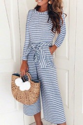 Blue Stripe Long Sleeve Round Neck Tied Casual Jumpsuit